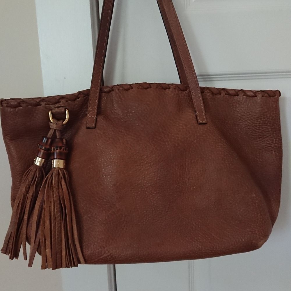 Gucci brown Pebbled Leather Bamboo Tassel tote bag